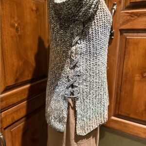 Lucky Brand Women's Textured Blue Gray Sweater-Split Tie Waist